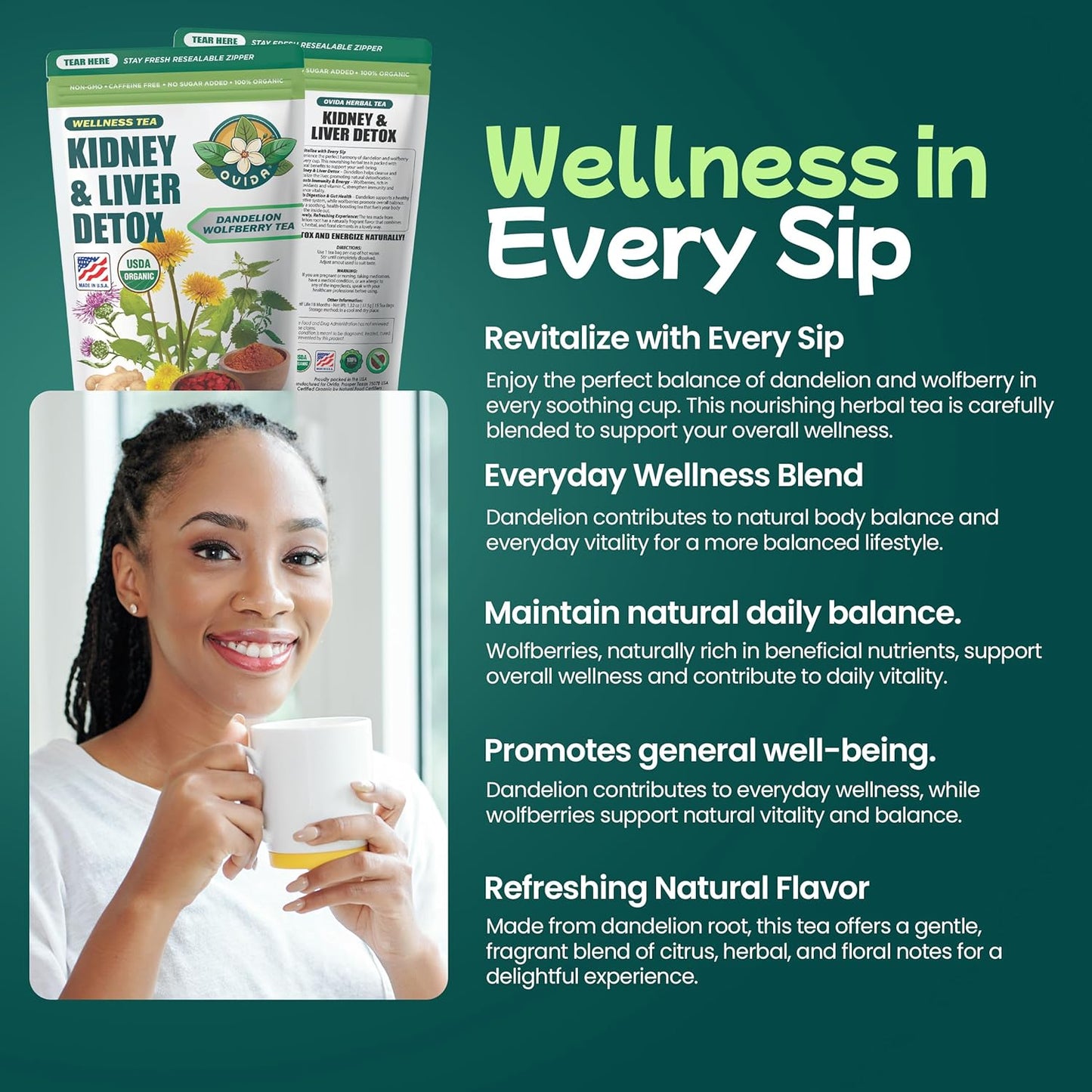 Ovida Dandelion Wolfberry Tea – Natural Kidneys & Liver Health Tea, Organic Herbal Tea with Milk Thistle, Turmeric & Goji Berry, Seven Herbal Ingredients Natural Blend for Daily Wellness, 15 Tea Bags