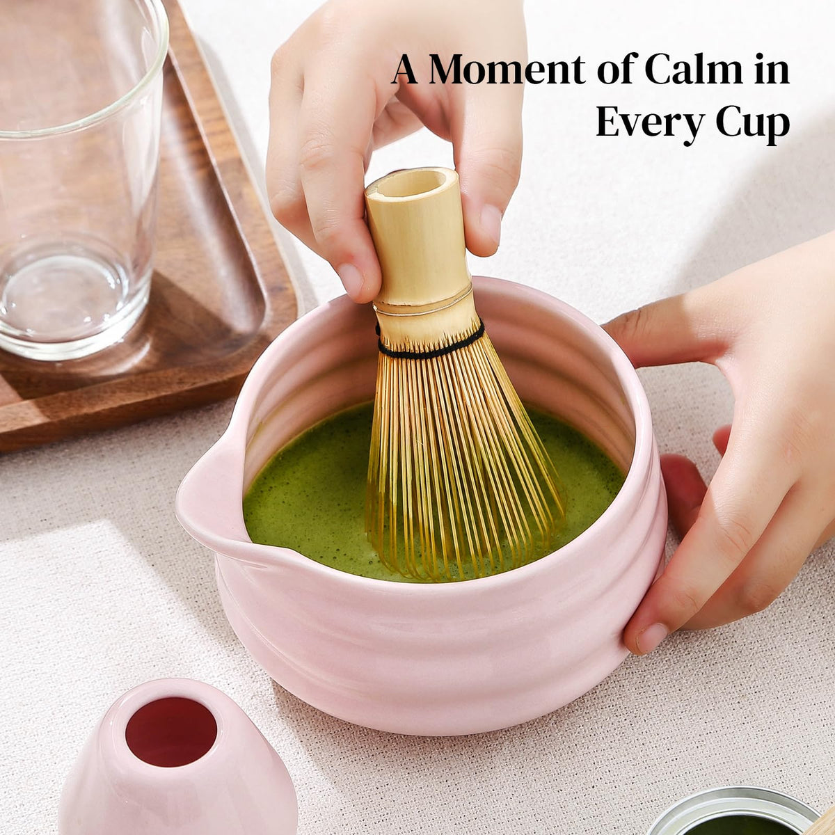 DOWAN Matcha Whisk Set, 7 Pcs Matcha Set Includes Bowl with Spout, Whisk and Holder, Bamboo Scoop and Holder, Sifter and Tea