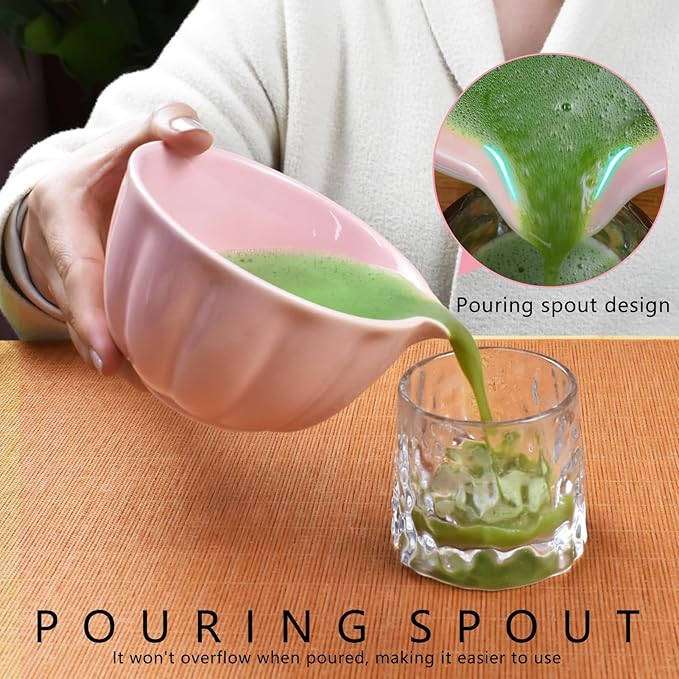 Artcome 7 Pcs Japanese Matcha Tea Set - Matcha Bowl with Pouring Spout, Matcha Whisk, Tea Scoop, Whisk Holder, Handmade Matcha Ceremony Kit For Japanese Tea Ceremony, Rose