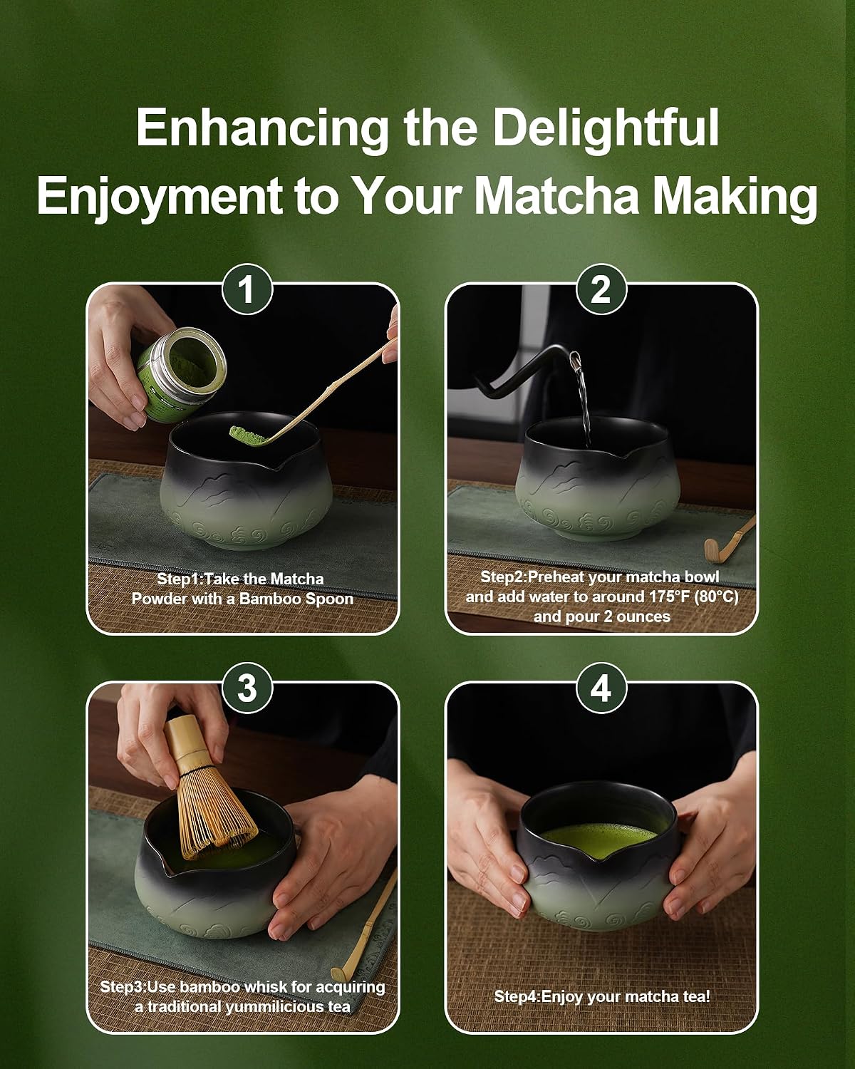 ZENS Premium Matcha Whisk Set, 5pcs Matcha Kit with Matcha Tools, Green | Matcha Kit Icludes Matte Ceramic Bowl, Bamboo Whisk, Chasen Holder, Scoop, 304 Sifter and Tea Mat, Matcha Lovers Gifts