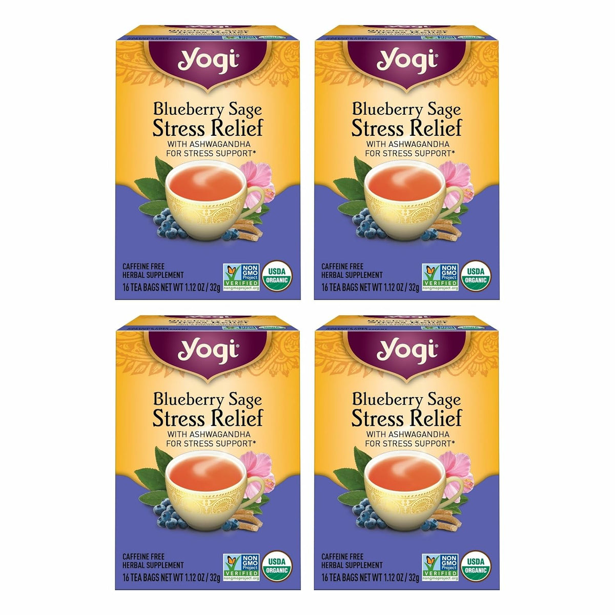 Yogi Blueberry Sage Stress Relief Tea, 16 Tea Bags (4 Pack)