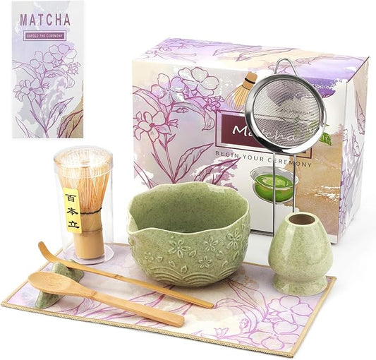 Matcha Whisk Set, 8 Pcs Matcha Kit with Ceramic Japanese Matcha Bowl & Accessories Kit for Traditional Tea Ceremony, Home Use & Christmas Gifts for Matcha Lovers (Green)