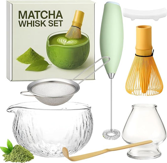 Matcha Whisk Set with Matcha Bowl - Matcha Set Included Electric Frother, Bamboo Whisk, Matcha Spoon, Bamboo Holder, Sifter, Spoon Stand (Clear Glass)