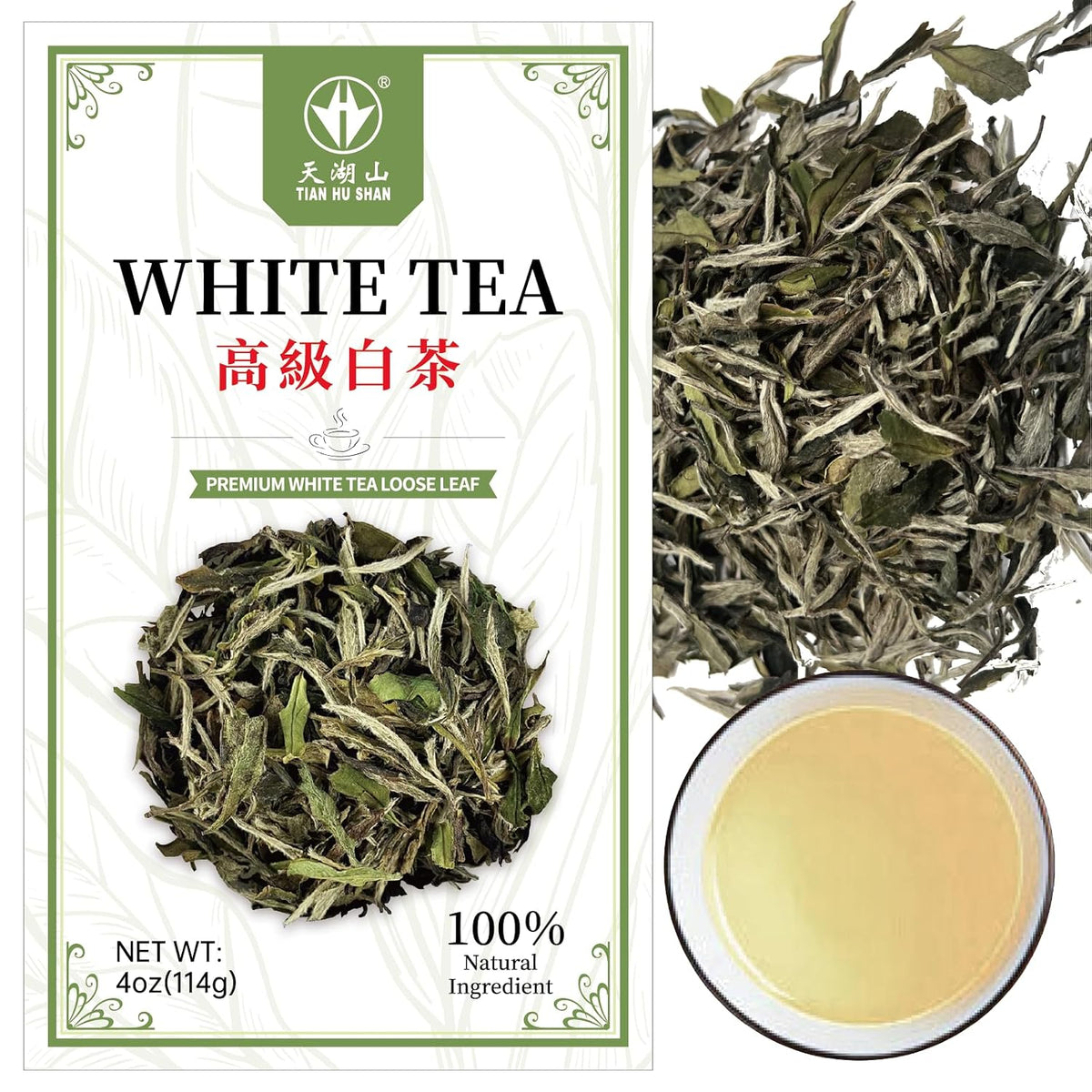 Tian HU Shan Premium White Tea Loose Leaf, Original Bai Mu Dan with a Light & Fresh Delicate Flavor, Low Caffeine, Hot & Cold Brew 4 Ounce