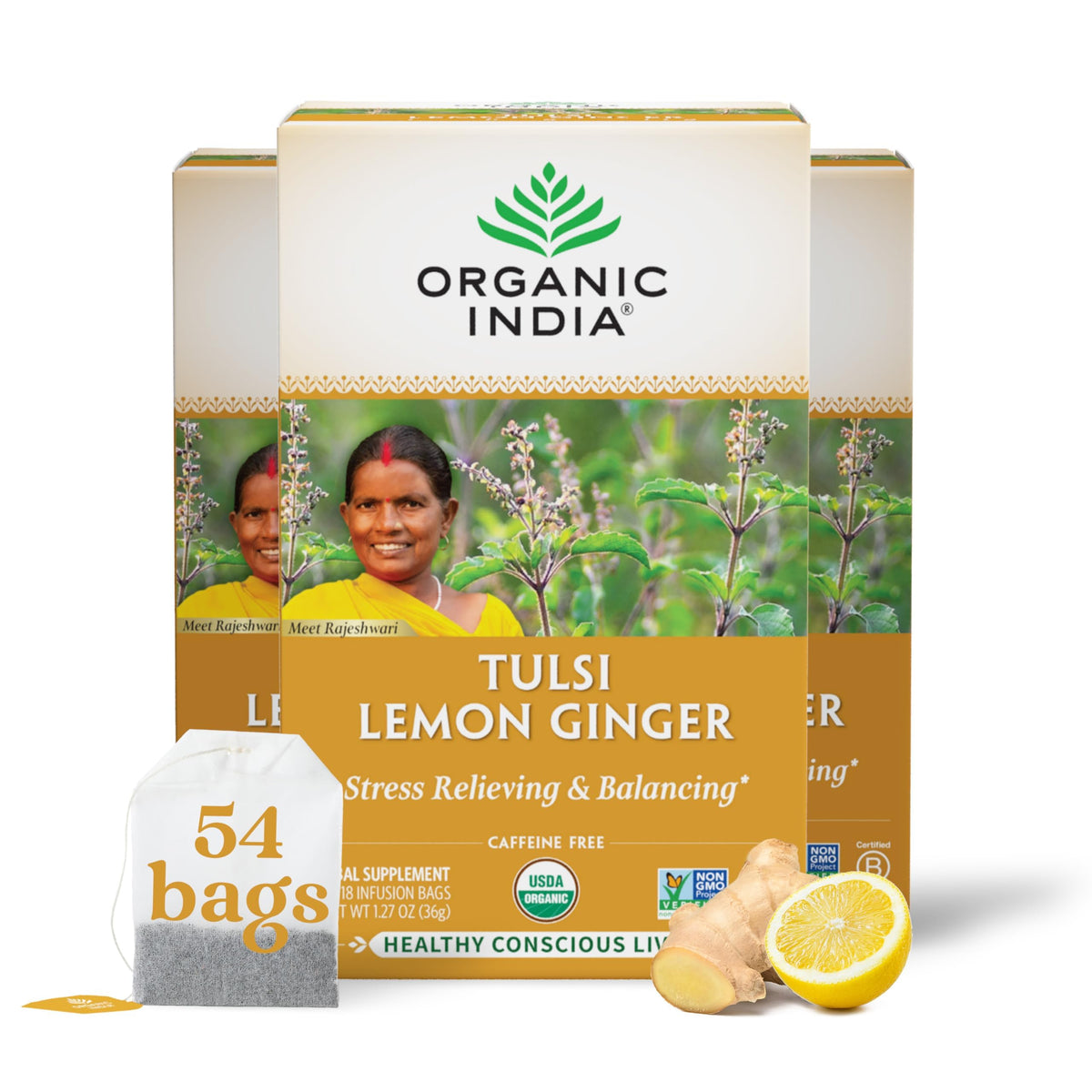 ORGANIC INDIA Tulsi Lemon Ginger Herbal Tea, 18 Infusion Bags, 3 Pack