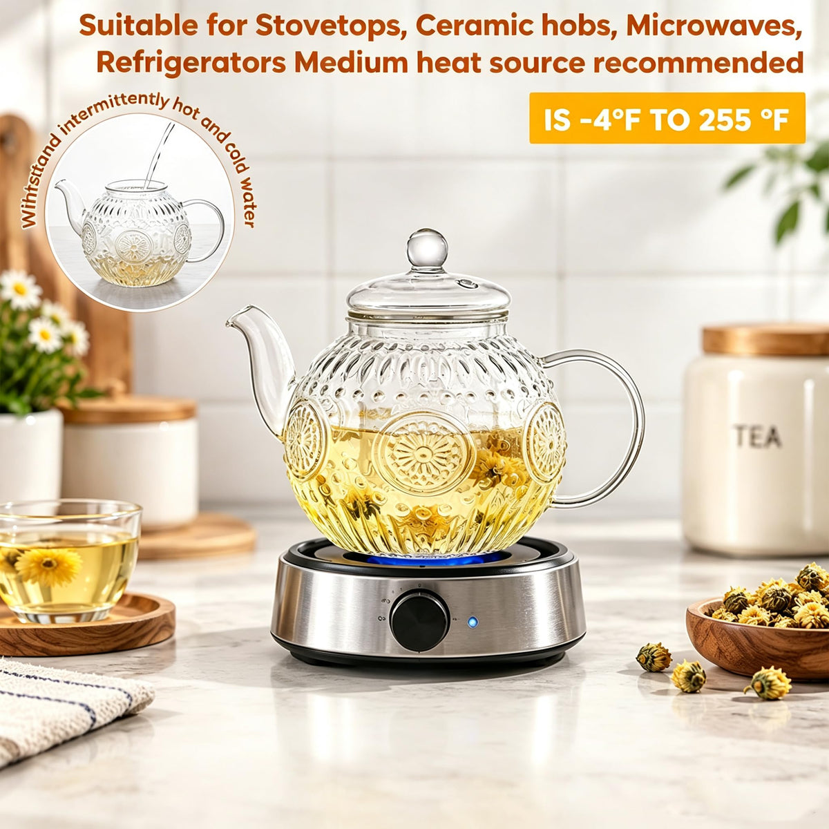 Bandesun Small Capacity Vintage Glass Teapot, Tea Kettle with Removable Infuser 32OZ/1000ml, Borosilicate Glass Pot -Stovetop