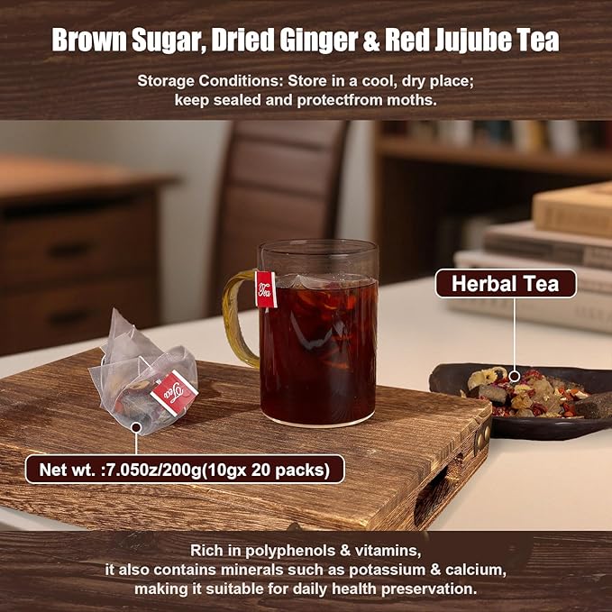 Liuhbn Brown Sugar Ginger Tea Decaffeinated (10g x 20 packs) Is A 100% Natural Herbal Tea With Ginger Slices, Red Dates, Longan, Brown Sugar Blocks