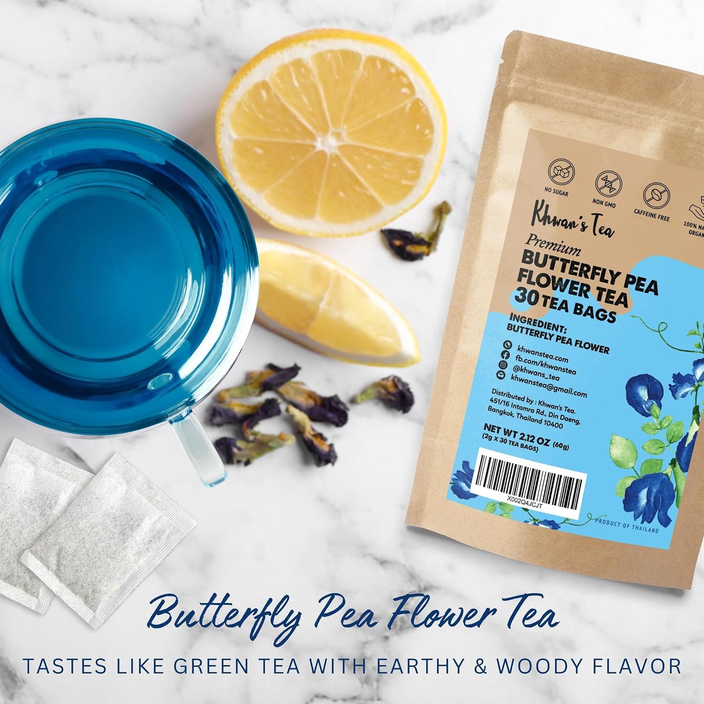KHWAN'S TEA Organic Butterfly Pea Flower Tea Bags, 30 Count | USDA Organic butterfly pea flower, color-changing blue tea for mocktails, cocktails &amp; latte art, caffeine-free, 30 ct