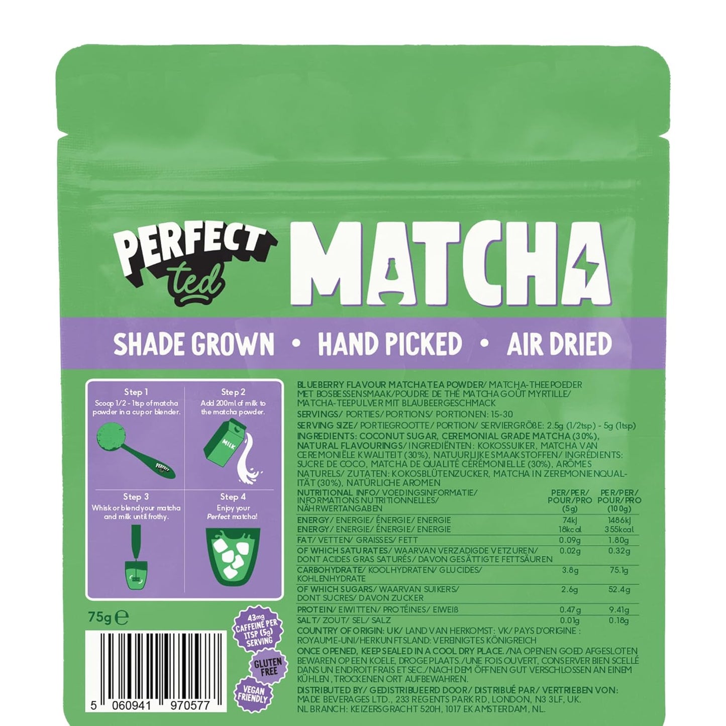 Perfect Ted Matcha Powder | Blueberry Flavor 75g | Matcha Powder Ceremonial Grade | Single-Origin Uji, Japan | Matcha Green Tea Powder (30 Servings) (75g, Blueberry)
