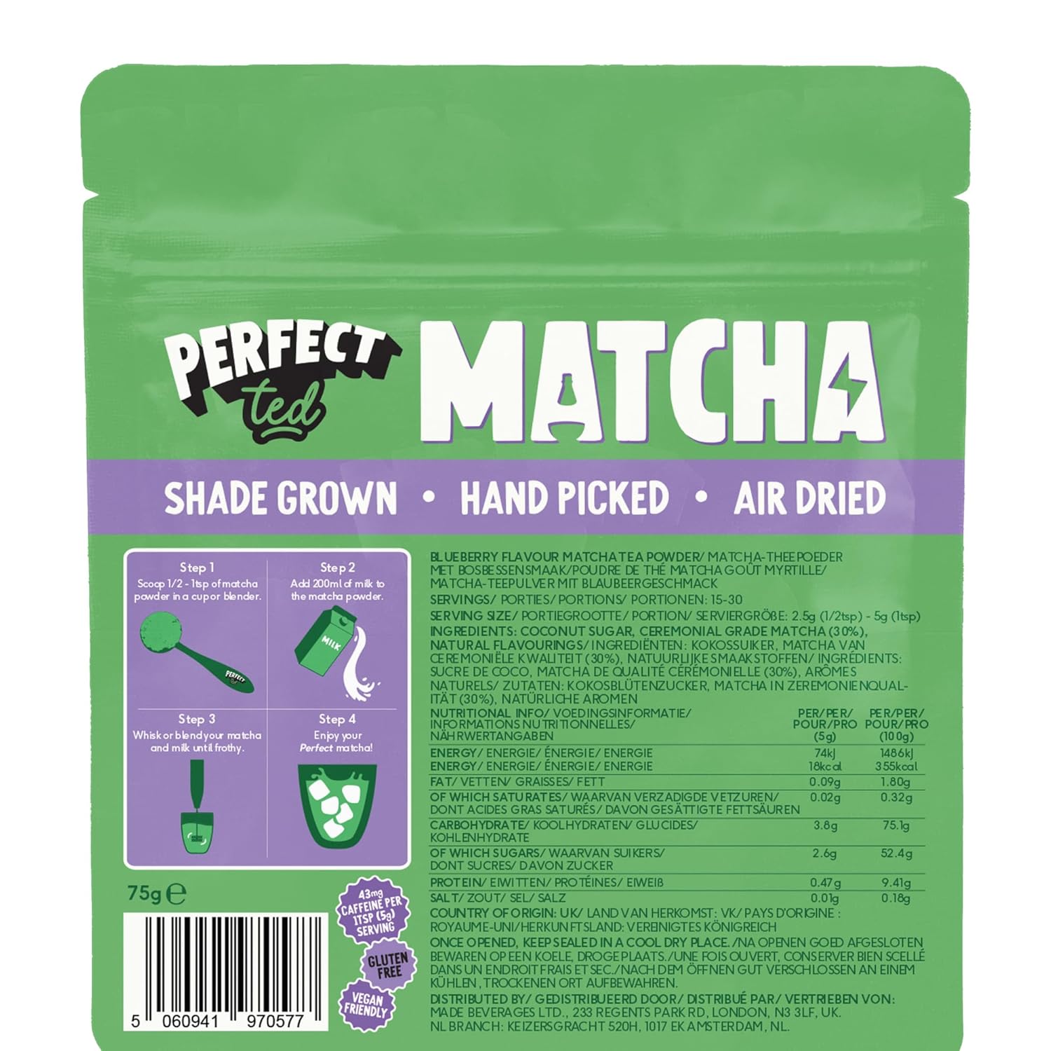 Perfect Ted Matcha Powder | Blueberry Flavor 75g | Matcha Powder Ceremonial Grade | Single-Origin Uji, Japan | Matcha Green Tea Powder (30 Servings) (75g, Blueberry)