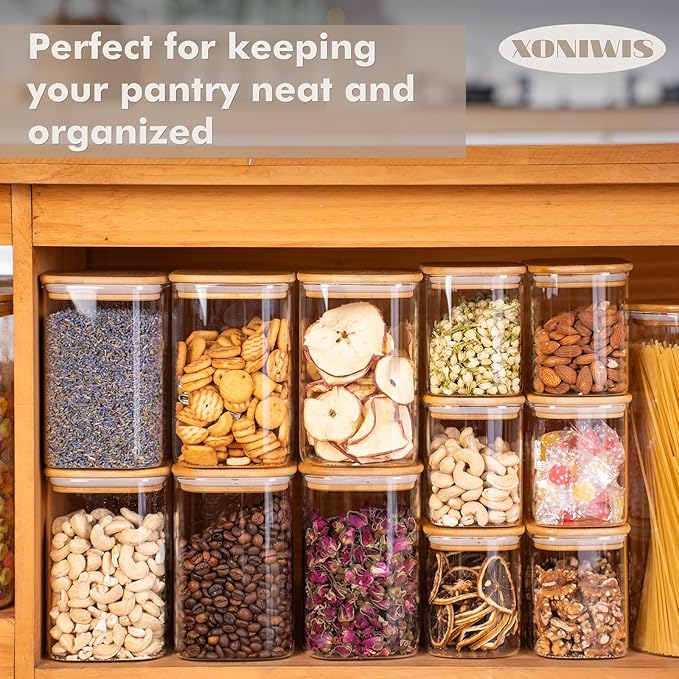 26oz 6PCS Rectangle Glass Pantry Containers with Lids, Glass Jars with Lids, Clear Food Storage Jars, Small Canister for Salt, Pepper, Spices, Nuts
