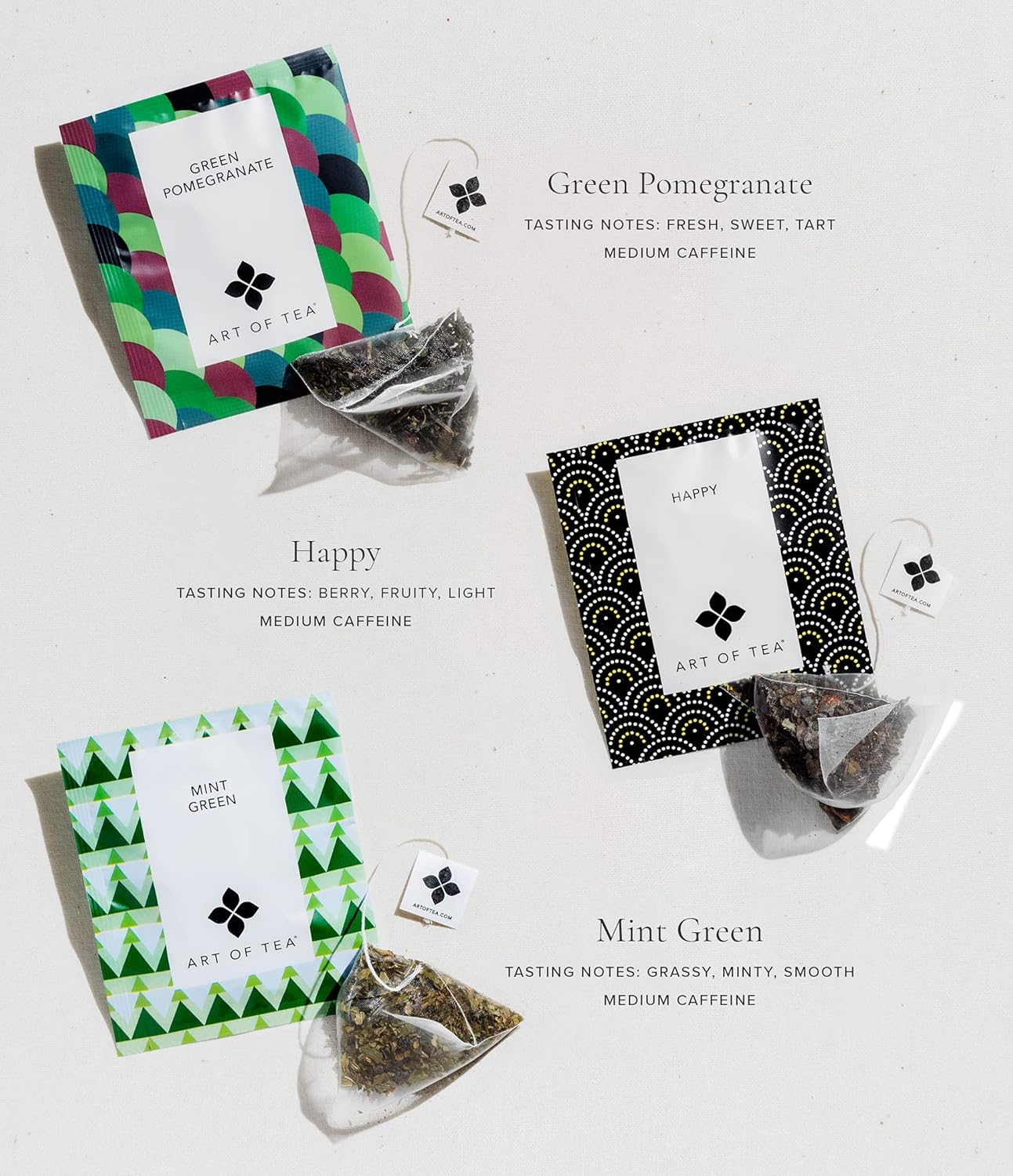 Art of Tea | Assorted Tea Sampler | 12 Count Sampler Box | Breakfast Tea, Earl Grey Creme, Egyptian Chamomile (Non-Caffeinated), French Lemon Ginger (Non-Caffeinated), Green Pomegranate, Mint Green, Tali's Masala Chai, Happy Tea, and White Coconut Cr
