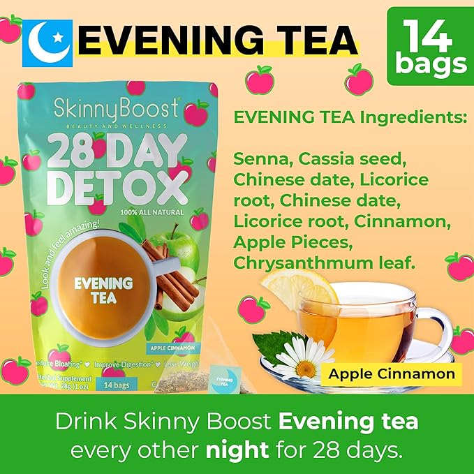 Skinny Boost Evening Detox Tea-APPLE Cinnamon -14 Tea Bags Total, Supports Detox and Cleanse, Reduce Bloating, 100% All Natural, Vegan, Non GMO