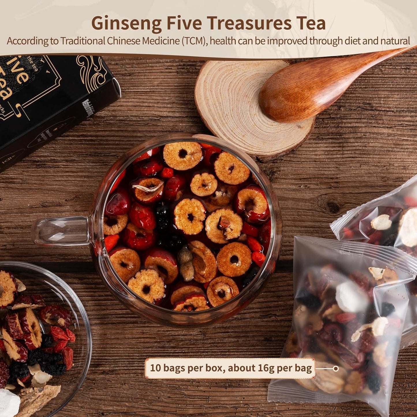 Ginseng Five Treasures Kidney Tea, Traditional Chinese Herbal TeaBags, Natural Kidney Cleanse Detox Tea for Women &amp; Men, 7 Precious Ingredients Formula (3 Pack/75 Bags)