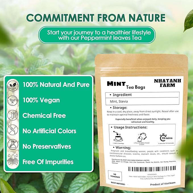 Nhat ANH Farm - Premium Peppermint Tea Bags, 40 Peppermint Tea Bags, 100% Natural Dried Mint Leaves, Naturally Sweet Herbal Tea, Sugar-Free