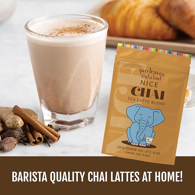 Two Leaves and a Bud Nice Chai Latte Mix, Powdered Chai Latte Tea Mix, Vegan, Dairy Free, Low Sugar, Iced or Hot Lattes, 1 Resealable Bag, 3.95 oz