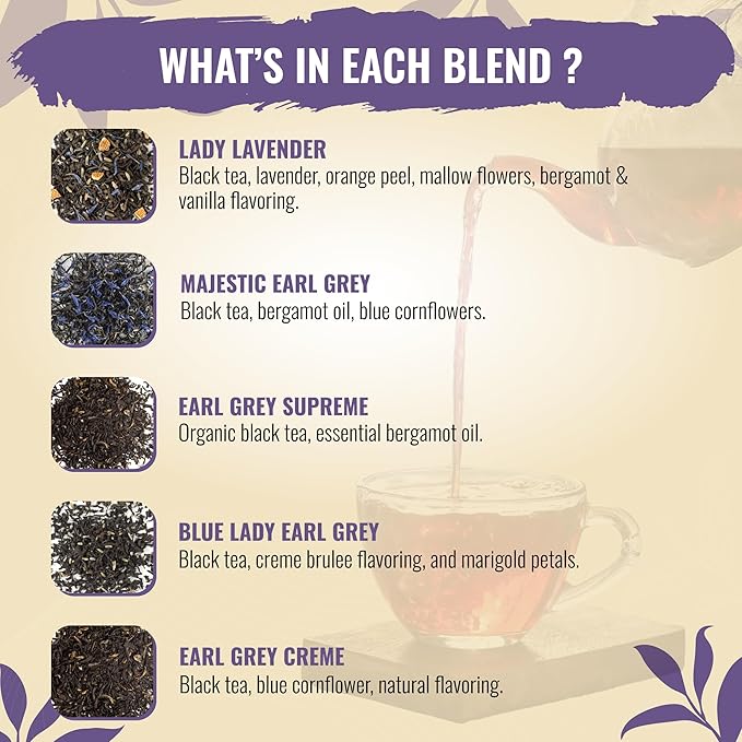 Tea Runers Earl Grey Tea Variety Pack – Majestic Earl Grey, Earl Grey Crème, Supreme, Blue Lady Black, Lady Lavender - 0.75 oz Each, Pack of 5