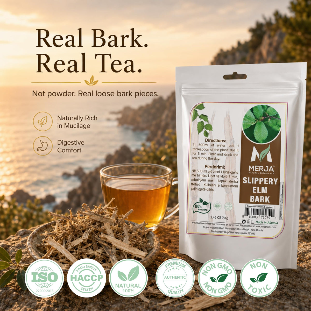 Merja Slippery Elm Bark Loose Leaf Tea — Real Whole Bark Pieces Not Powder — Naturally Rich in Mucilage — Traditional Herbal