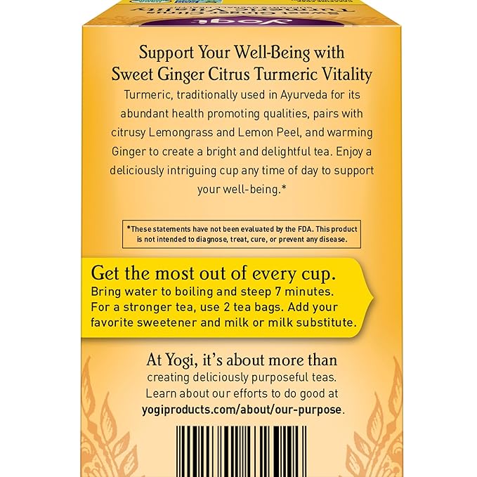 Yogi Tea Sweet Ginger Citrus Turmeric Vitality - 16 Bags per Pack (6 Packs) - Organic Ginger & Turmeric Root Tea - Supports Well-being