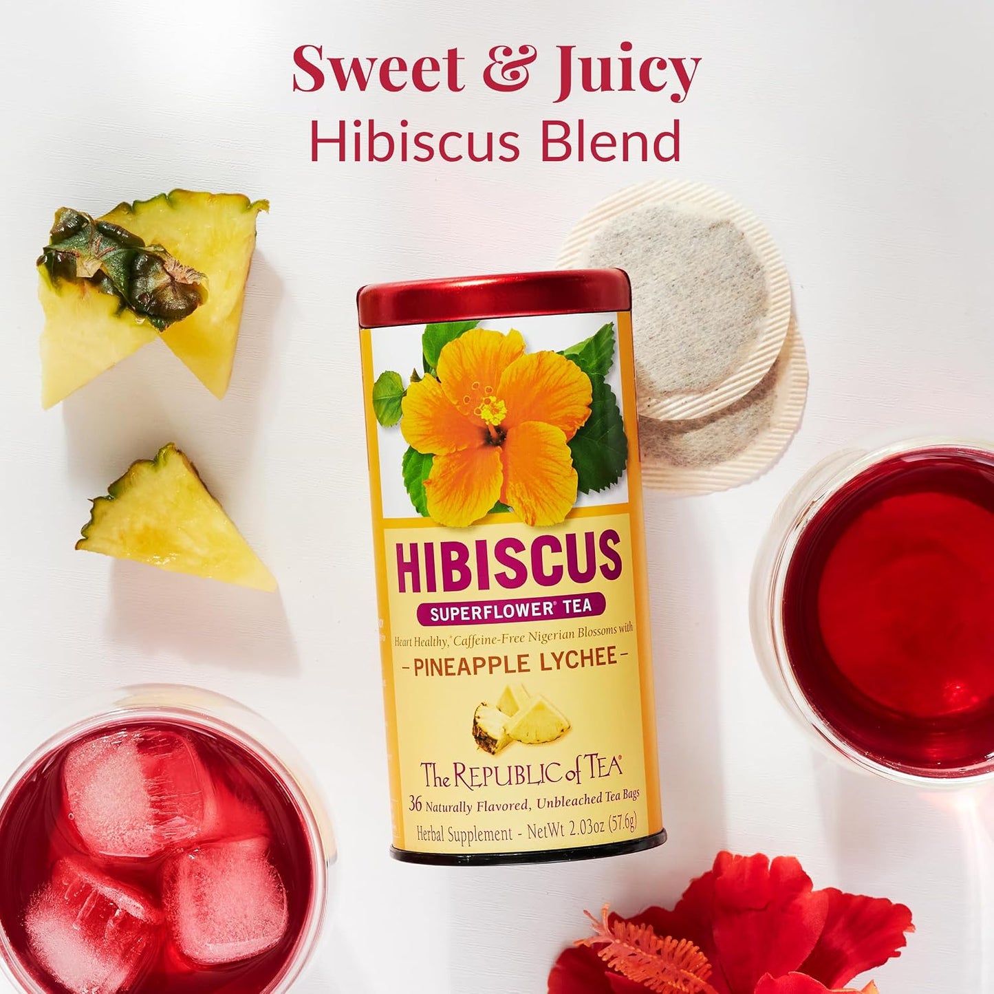 The Republic of Tea Pineapple Lychee Hibiscus Herbal Tea, 36 Count | Caffeine Free. Suitable for day or evening sipping. Bright and tart with notes of juicy fruit. Gluten Free and Carb Free.
