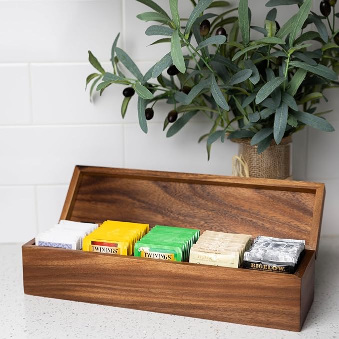 Ironwood Gourmet Large 5 Compartment Tea Box, Acacia Wood Tea Bag Organizer With Lid