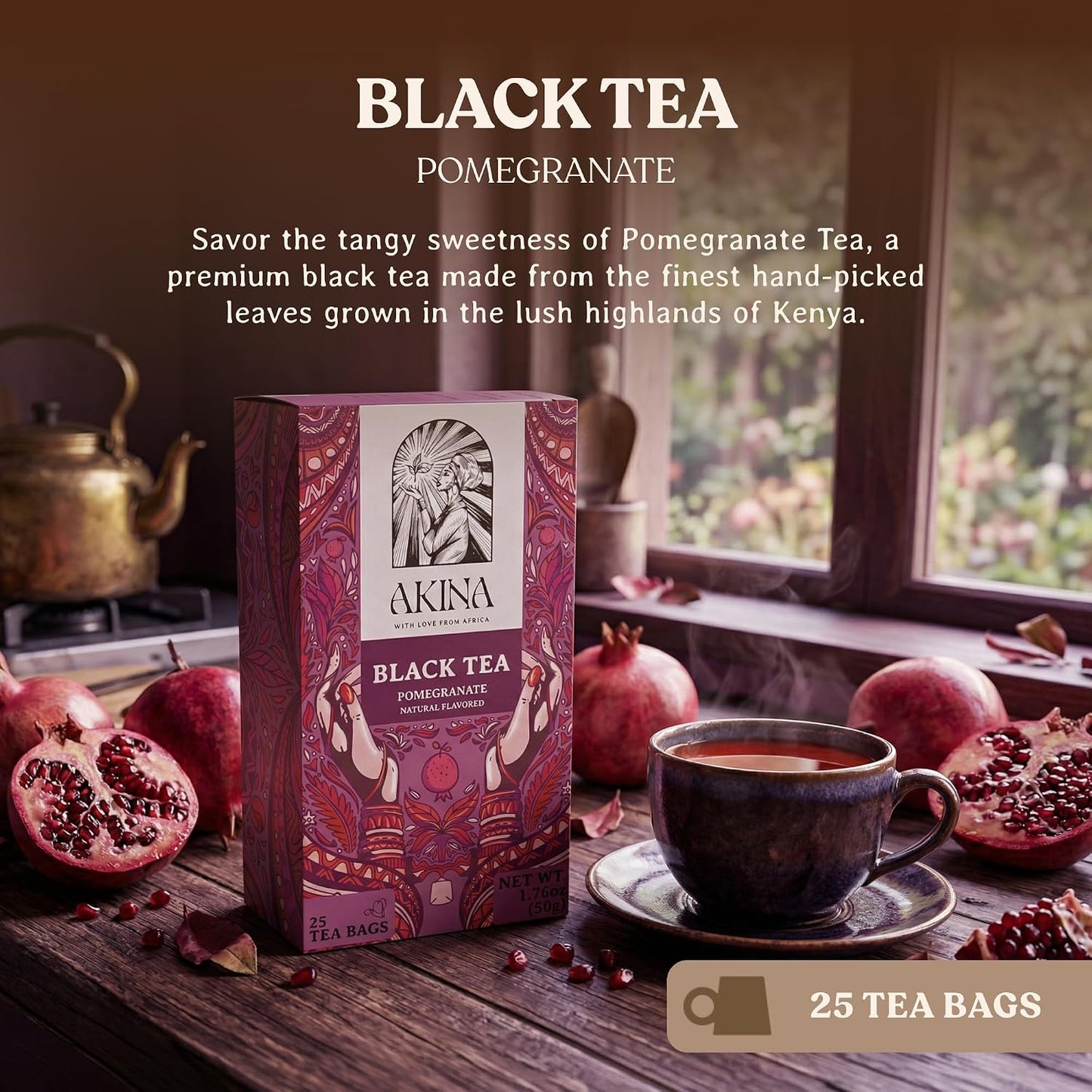 AKINA - Pomegranate Flavored Black Tea Bags, Individually Wrapped, Fruity String and Tag Kenyan Pomegranate Tea Bags, Sweet and Tangy with Refreshing Aroma (Box of 25) (50g)