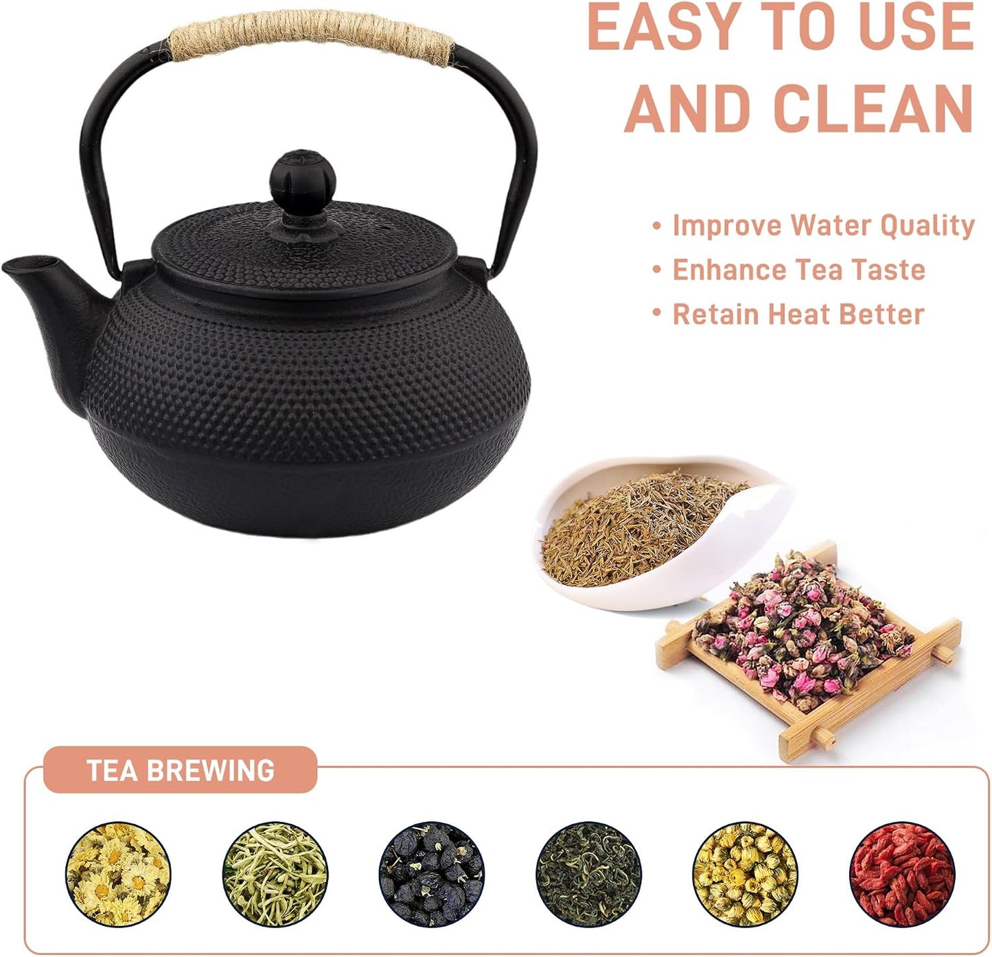 20.3oz Only, Small Tea Kettle for 1-2 Cups, Japanese Tetsubin, Cast Iron Teapot with Stainless Steel Infuser for Loose Leaf &amp; Coffee, Tea Pot for Stovetop Safe, Enamel Interior(Black, 600ml)
