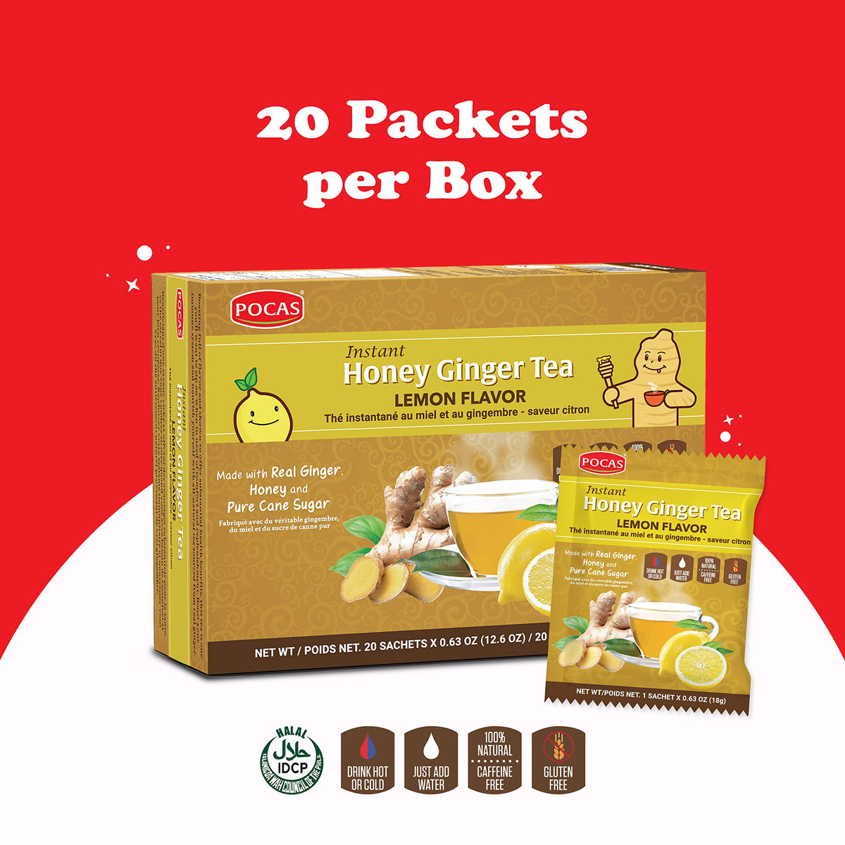 Pocas Instant Honey Ginger Tea, Lemon Flavor 2-Pack, 20 Packets/Box