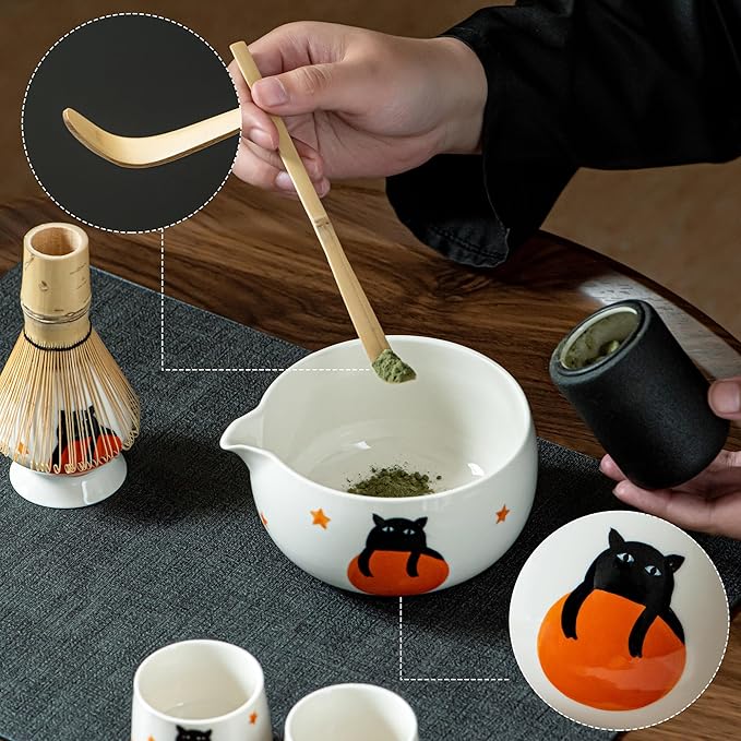 Matcha Set -Cute Cat Matcha Bowl Set with Whisk, Scoop, Whisk Holder & 2 Cups, 6 Pcs Authentic Matcha Tea Ceremony Kit, Great Gift for Tea Lovers
