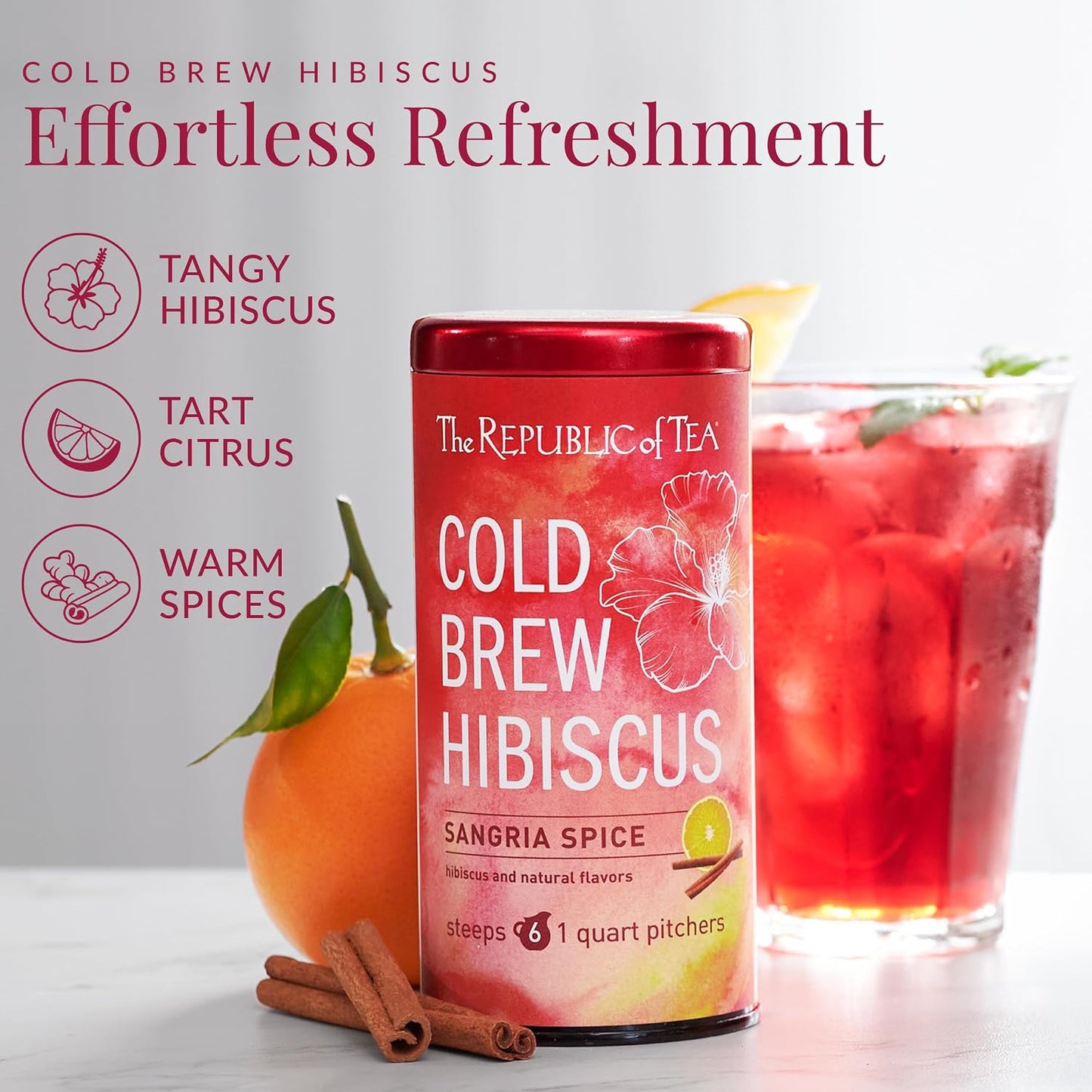 The Republic of Tea Cold Brew Hibiscus Sangria Spice Herbal Iced Tea, 6 Ct | Caffeine Free, Cold Brew Hibiscus with Citrus, Cinnamon and Ginger Spice, No Boiling Water Needed