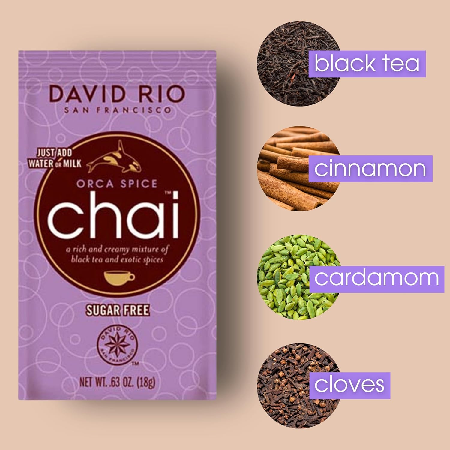 Orca Spice Reduced Calorie Chai Tea Latte Mix, .63 Oz (Pack of 48), Single Serve Packets, Black Tea, Organic Spices, Sugar Free, Dairy Free, Serve Hot or Cold, Just Add Water or Milk
