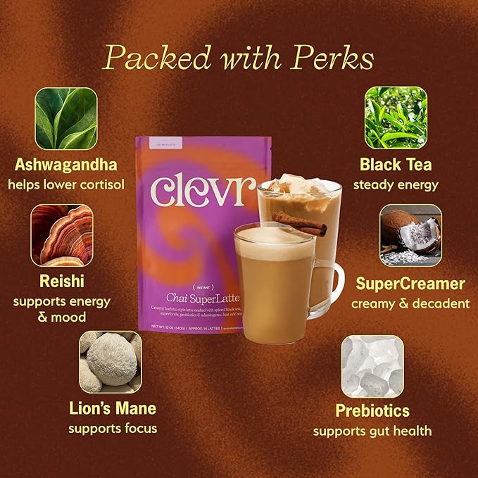 Clevr Blends Chai Tea Latte, Instant Superfood Powder Blend with Oat Milk, Lion’s Mane, Reishi Mushroom, Black Tea, Organic Spices, Coconut Cream, Ashwagandha, Oprah’s Favorite Things 2022 (14 Lattes)