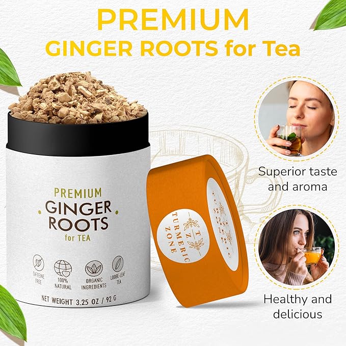 Turmeric Zone Ginger Root for Tea - Decaf Herbal Tea - 100% Organic Premium Ginger Root - 3.25 oz