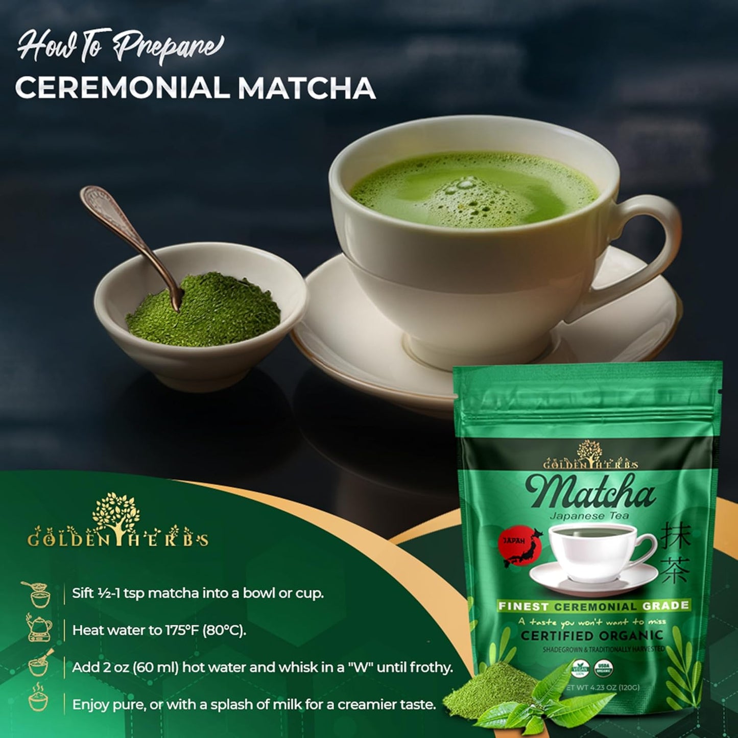 Golden Herbs Matcha Superior Ceremonial Blend Green Tea Powder from Uji, Kyoto, USDA Organic, Gluten-Free Vegan, 100% Pure Unsweetened, No Additivesm, Resealable Freshness Pouch (120 Grams, 4.23 OZ)