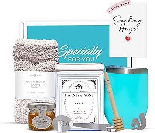 Tea Gift Set for Women – Thoughtful Get Well Gift Box with Cozy Socks, Stainless Tumbler, 20 Teaa Sachets, Honey Jar & Sending Hugs Card (Paris Tea - Cloud Socks)