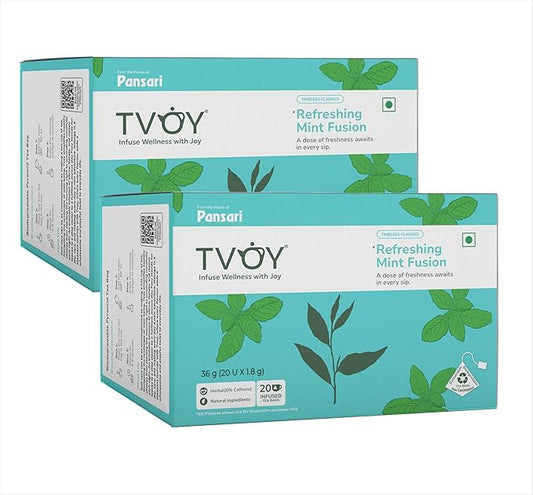 Mint Green Tea 20 Pyramid Tea Bags - Natural Blend with Spearmint and Peppermint, Offering Refreshing Flavor, Effortless Brewing, and Essence of Pure Green Tea in Every Cup - Pack of 2