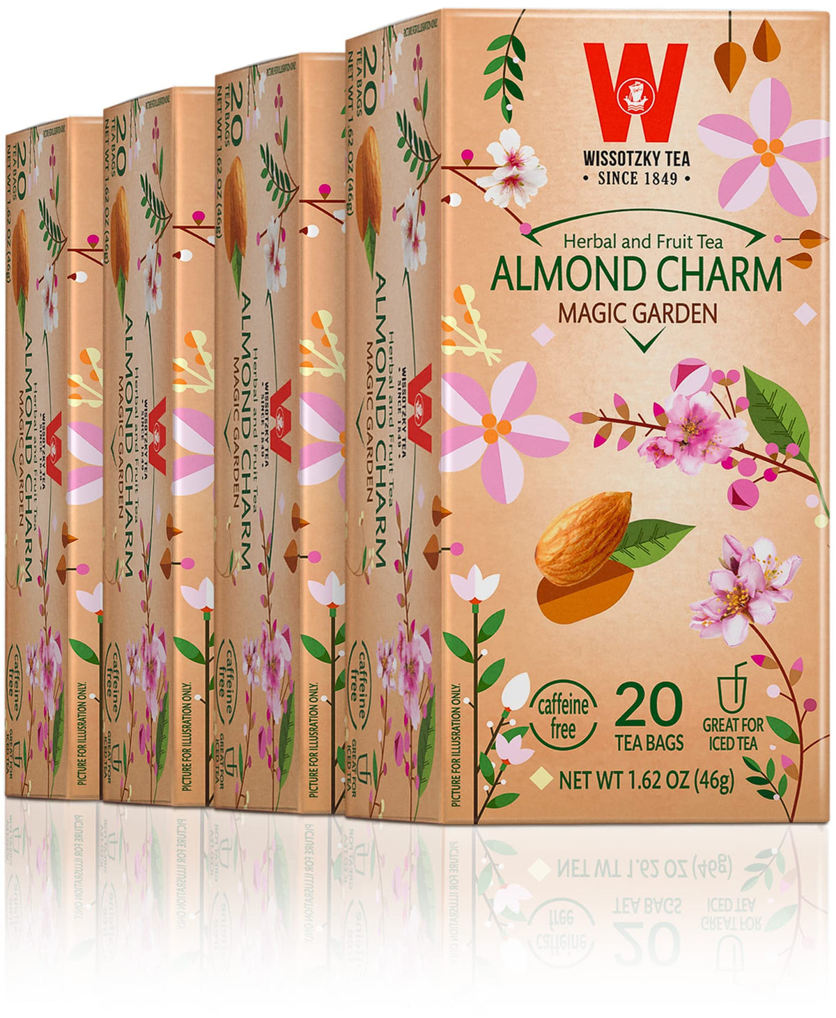 Wissotzky Almond Charm Tea Bags (4 Pack - 20 bags each) Caffeine Free, Infused With Premium Fruit & Herbal Tea Leaves “AKA