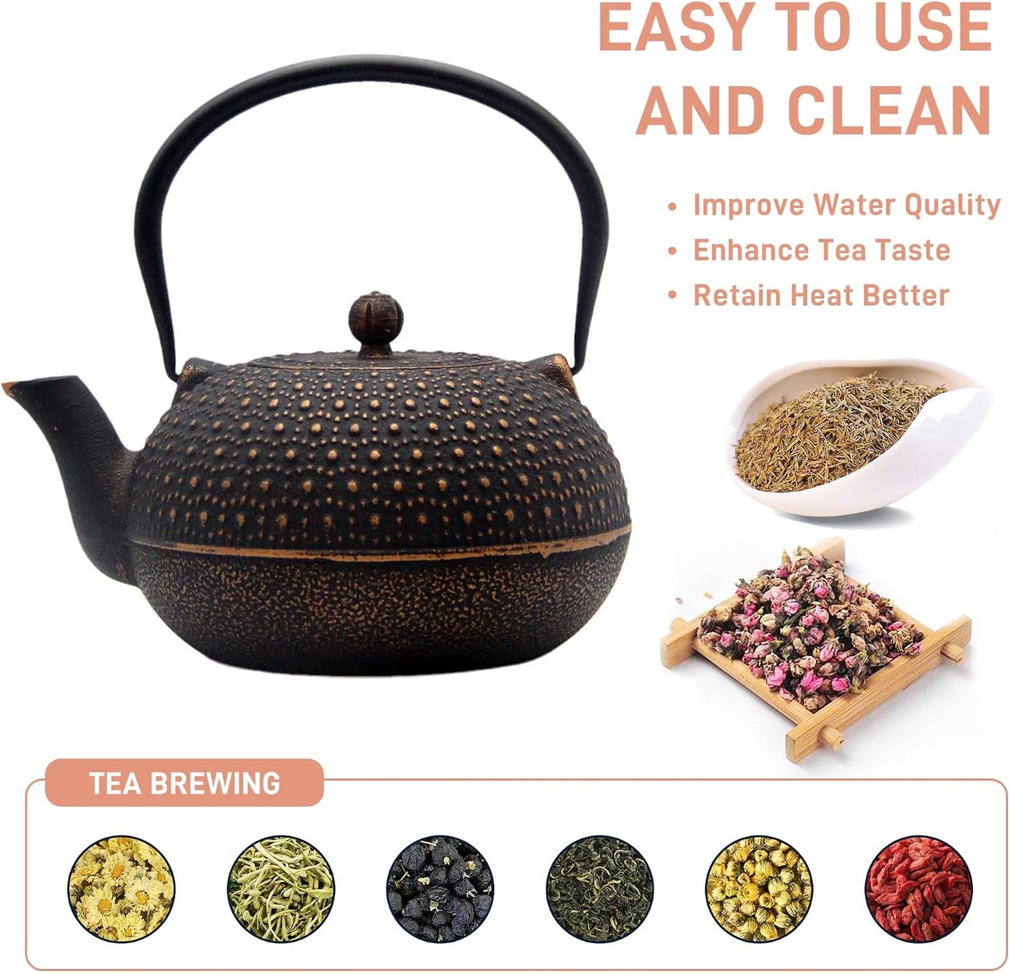 YJX Large Cast Iron Teapot for Stovetop, 1.8L Tea Kettle, Tea Pot for Stove