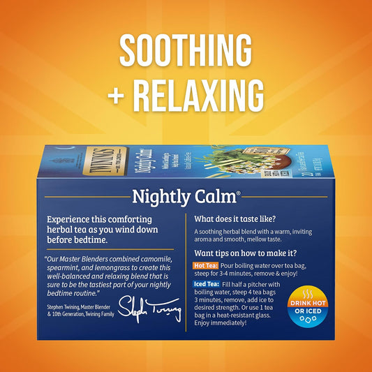 Twinings Nightly Calm Herbal Caffeine-Free Tea Bags, 20 CT Box (6 Pack) | Relaxing Before Bedtime, Spearmint, Camomile, Lemongrass, Naturally Caffeine-Free, 120 Foil Lined Individually Wrapped Bags