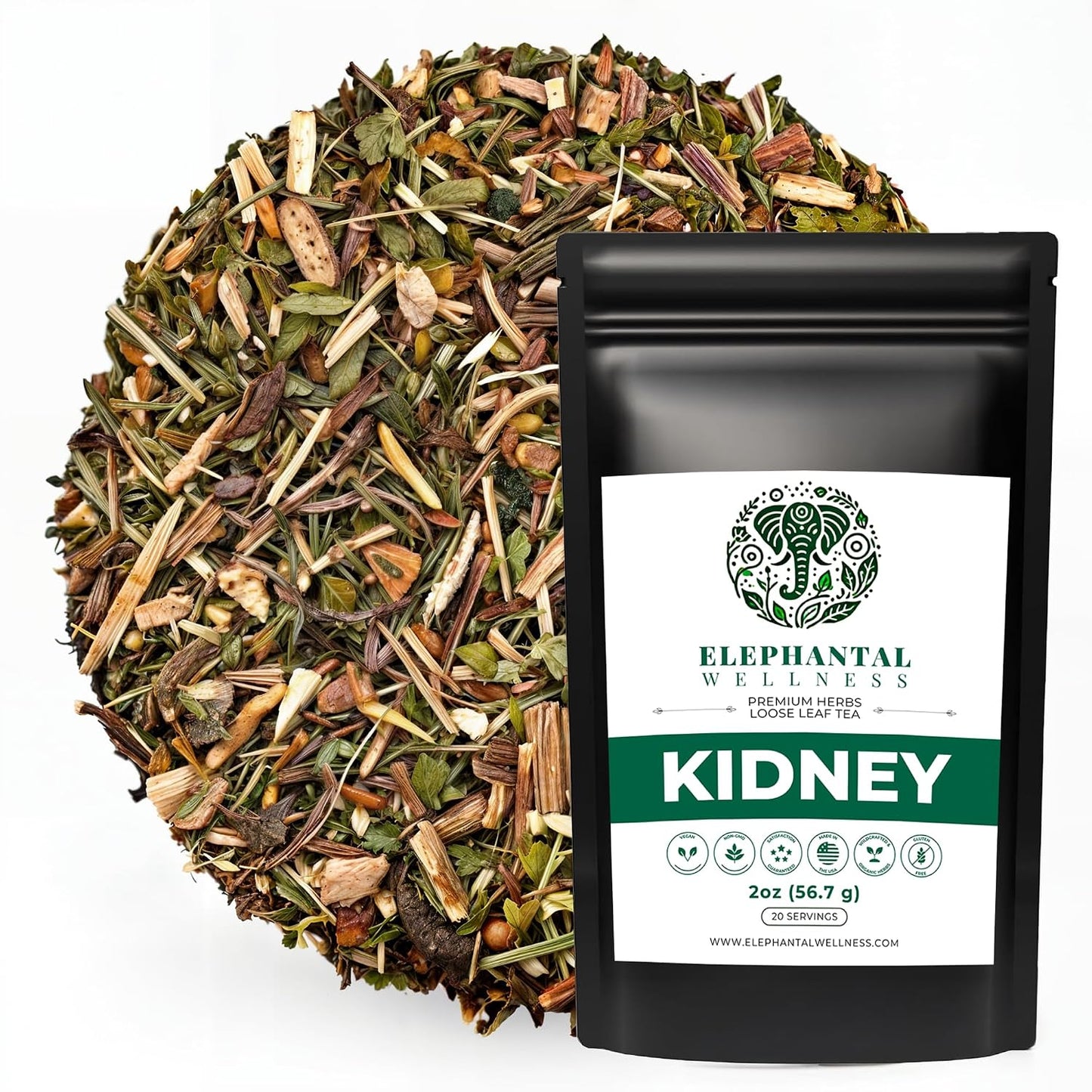 Elephantal Wellness Premium Kidney Herbal Tea | Urinary Tract &amp; Kidney Support with Dandelion, Gravel Root, Goldenrod &amp; Marshmallow | Handmade, Caffeine-Free, Non-GMO Loose Leaf Blend, 2oz, 20 Servings