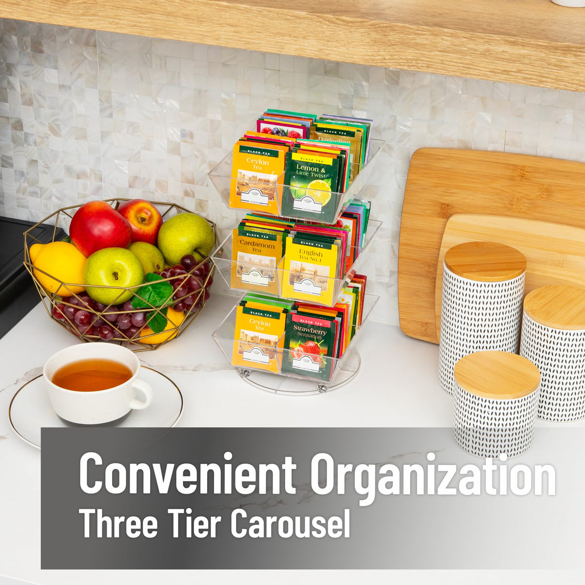 Mind Reader Tea Bag Carousel, 3 Tier Clear Acrylic Organizer with 12 Compartments, 360° Rotating Tea Station for Countertop