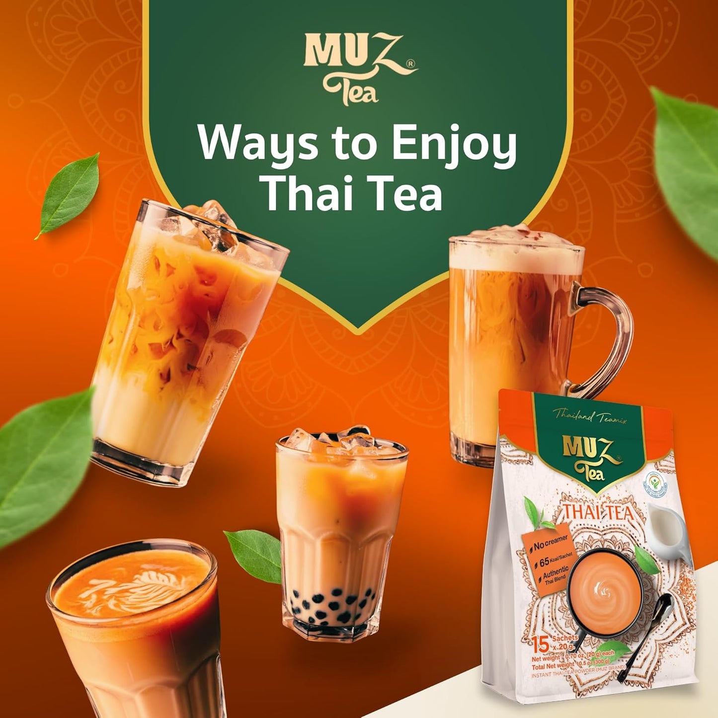 MUZ Tea Premium Instant Thai Tea Mix – Real Milk, No Creamers – Low GI Coconut Blossom Sugar – Only 65 Calories – Thai Tea Powder – Just Add Water – 15 Sachets