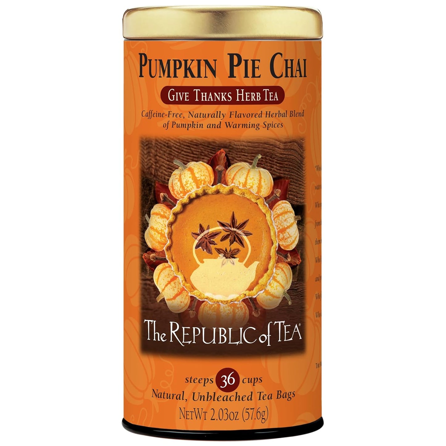 The Republic of Tea Pumpkin Pie Chai Herbal Tea, 36 Count | Caffeine free. Herbal chai with notes of pumpkin, cinnamon, nutmeg and clove. Enjoy hot or over ice.