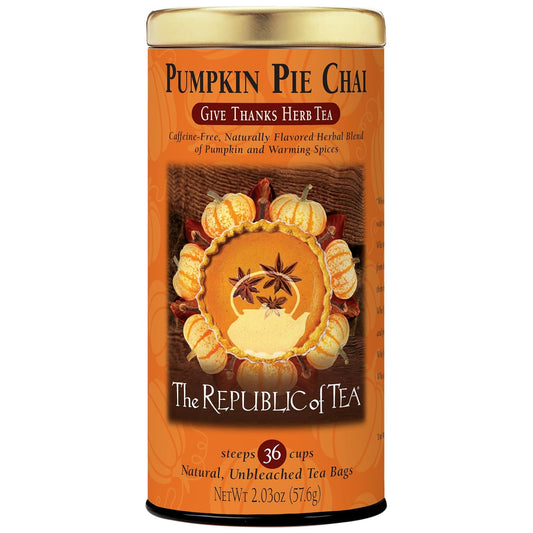 The Republic of Tea Pumpkin Pie Chai Herbal Tea, 36 Count | Caffeine free. Herbal chai with notes of pumpkin, cinnamon, nutmeg and clove. Enjoy hot or over ice.