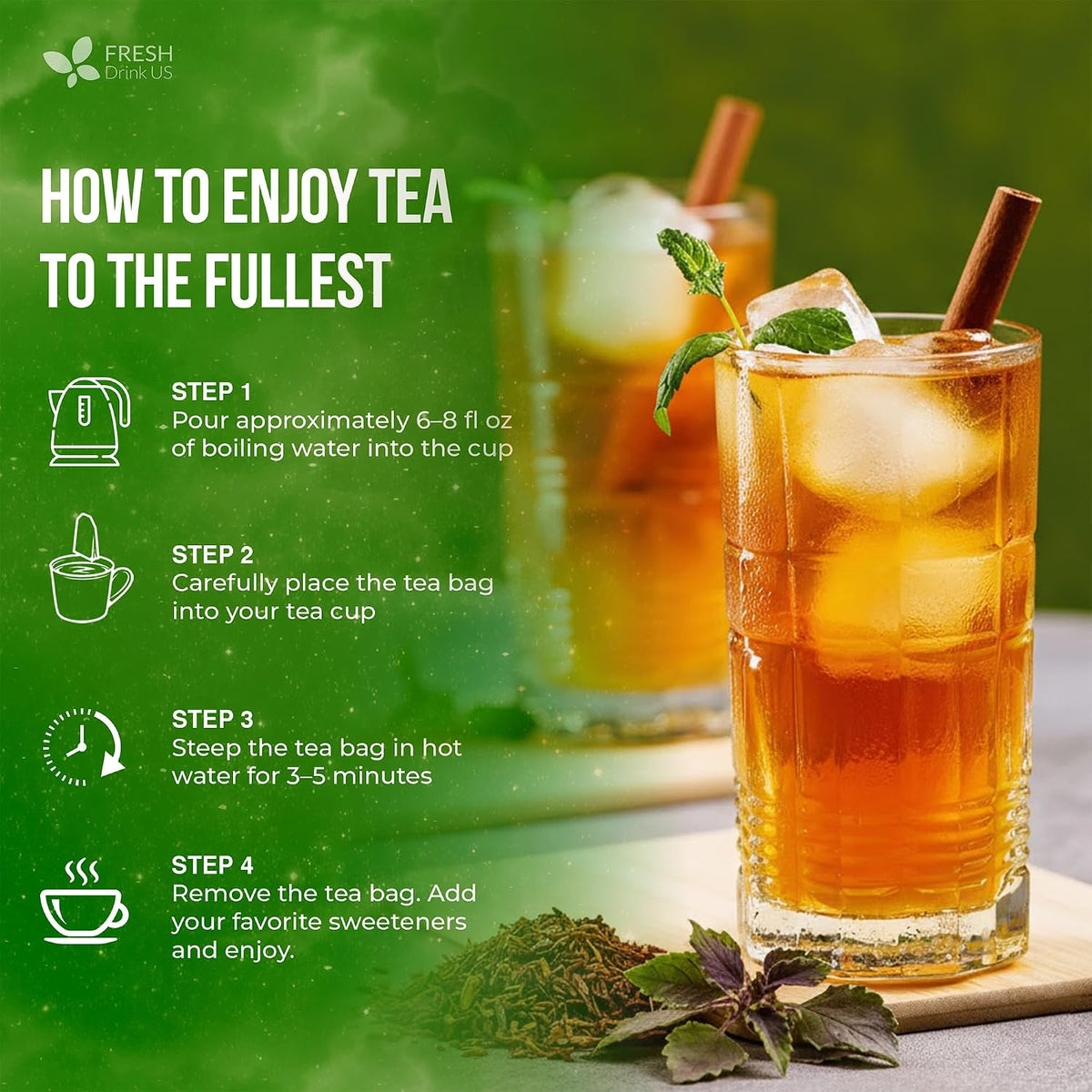 FreshDrinkUS, 30 Tea Bags Herbal Tea – Caffeine-Free Herbal Tea with Rooibos, Turmeric &amp; Hibiscus – Loose Leaf Blend for Daily Rituals and Clean Living – Vegan, No Additives