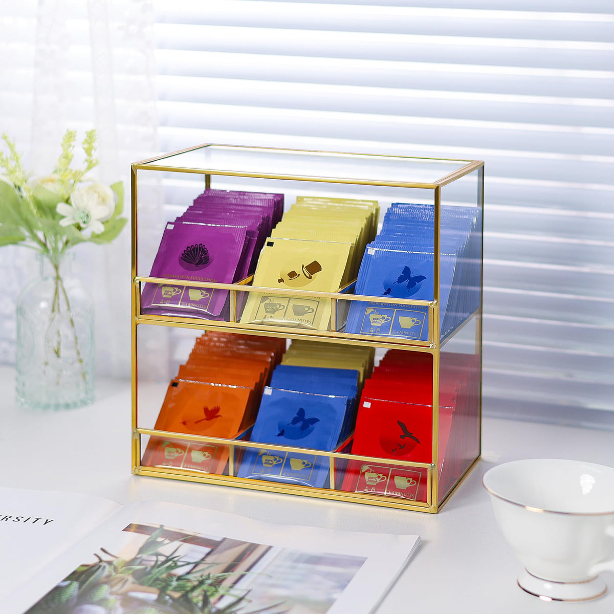 REDHUGO Glass Tea Bag Organizer for Counter, 2-Tier Teabag Organizer Storage Holder for Tea Bags, Glass Caddy Box Containers
