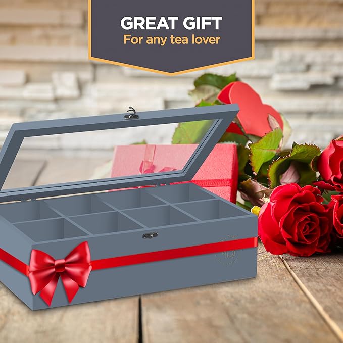 Tea Bag Organizer - Grey Bamboo Tea Box Organizer Storage Box, Tea Bag Holder with Acrylic Window, Magnetic Lid Keeps Tea Bags Fresh