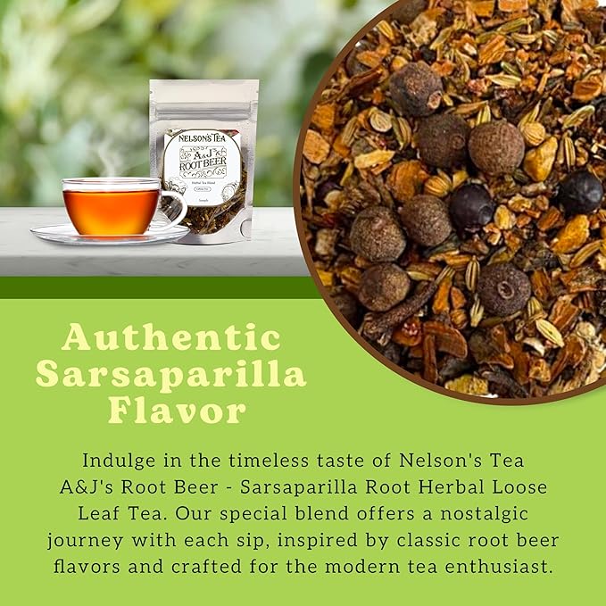 Nelson's Tea A&J's Root Beer - Sarsaparilla Root Herbal Loose Leaf Tea - Caffeine-Free - A Harmonious Blend of Flavorful Ingredients like Sarsaparilla, Burdock Root, Birch Bark (Sample 0.5 Oz)