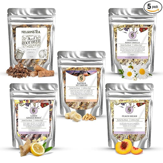 Nelson's Tea Favorites Sampler Pack - Caffeine Free - Loose Leaf Tea Sampler - A&J's Root Beer, Banana Nut Bread, Chamomile Honey Vanilla
