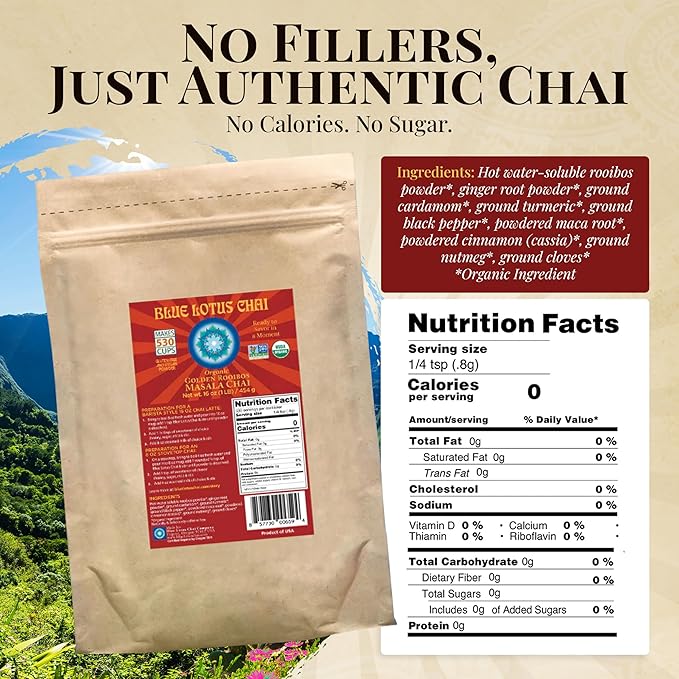 Blue Lotus Chai - Golden Rooibos Masala Chai - Makes 530 Cups - 1 Pound Bulk Bag Masala Spiced Chai Powder with Organic Spices - Instant Indian Tea No Steeping - No Gluten